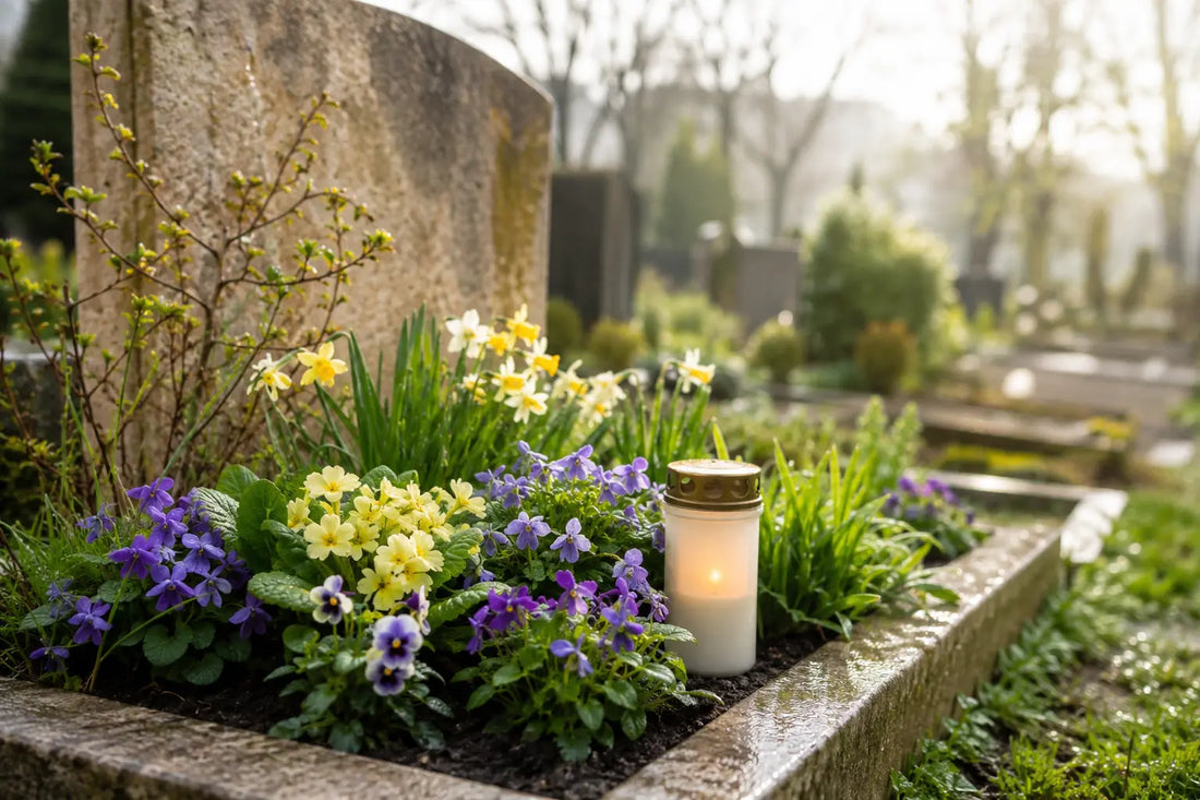 Grabgestaltung im Frühling: Pflanzen, Pflege und ein stilles Licht